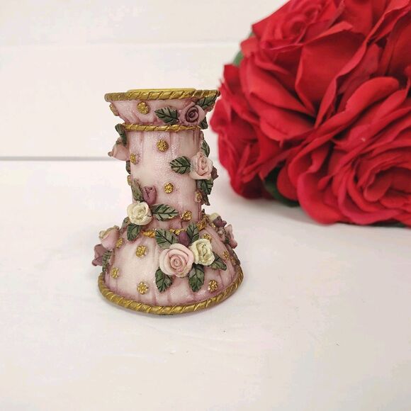 Vintage Pink Floral Mini Candle Holder Shabby Chic Roses Gold Accents... - Picture 2 of 6